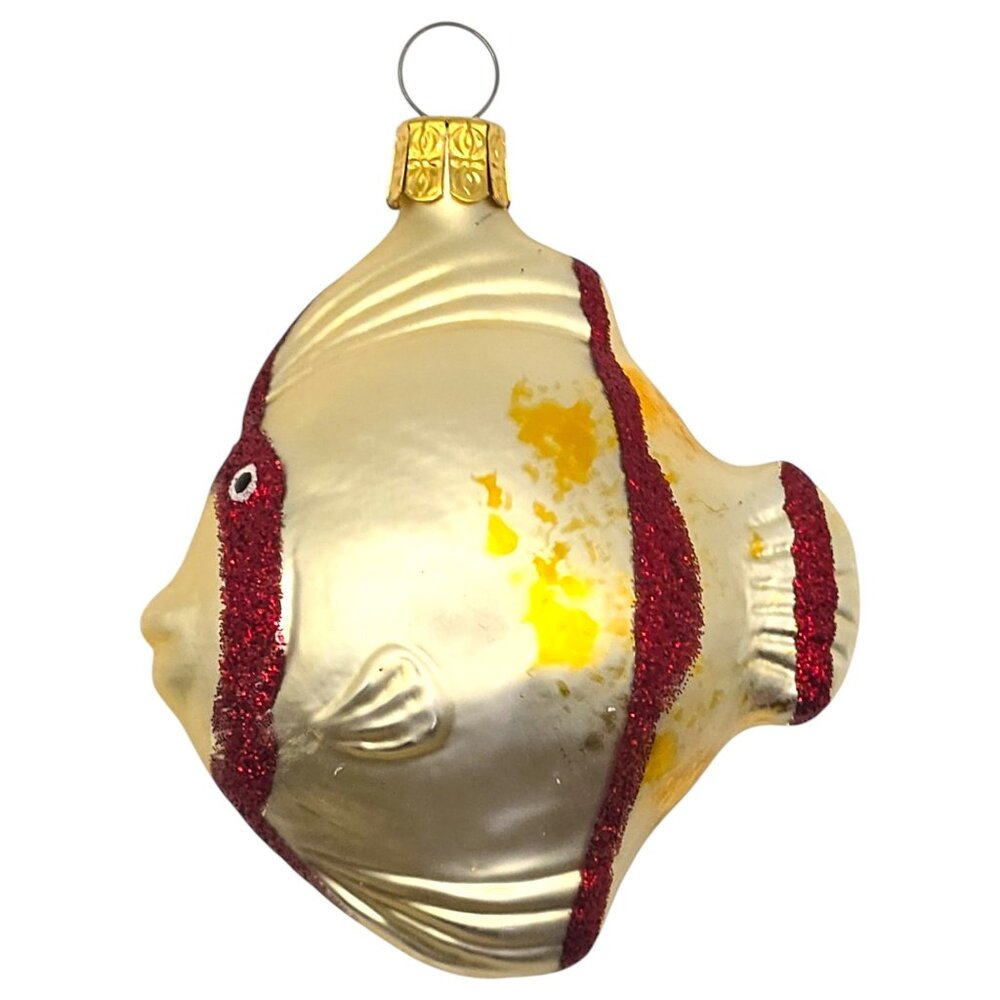 Vintage Tropical Fish Glass Ornament With Glitter Stripes 3" Hand Blown‎ Painted
